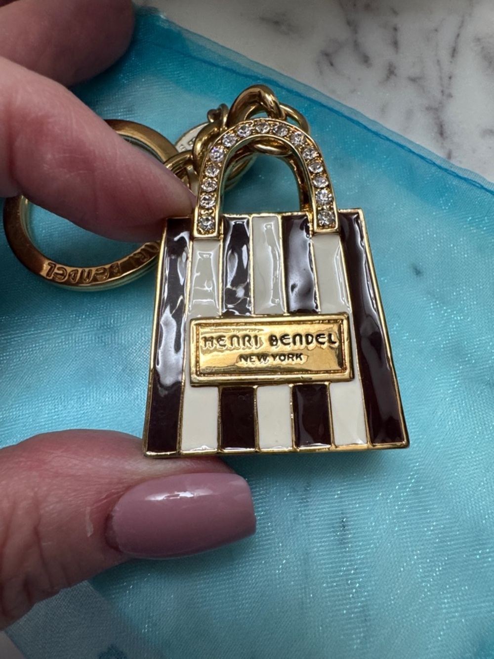 henri bendel Striped Mini Bag Keychain / Bag Charm Brown & White with Gold NWOT - Picture 2 of 8